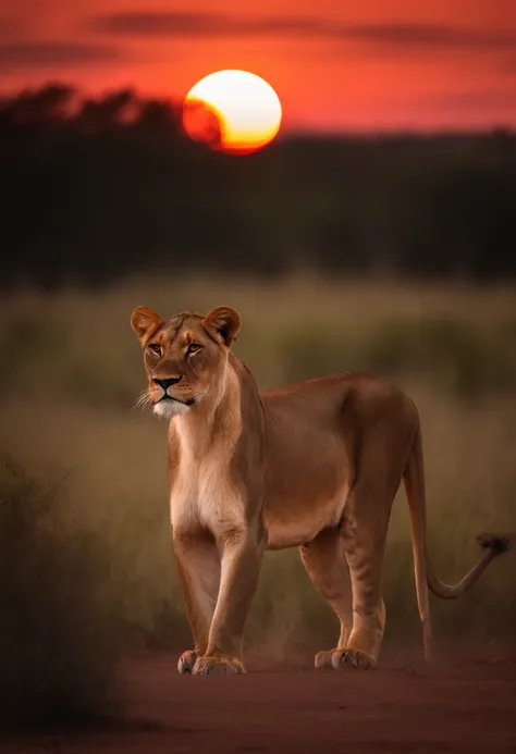 lioness,savanna,evening, Blood Moon