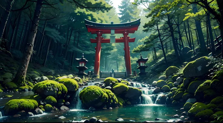 jpn、falls、torii gate、(mont、(In the deep forest、mosses)、falls、disturbing atmosphere)、shrines