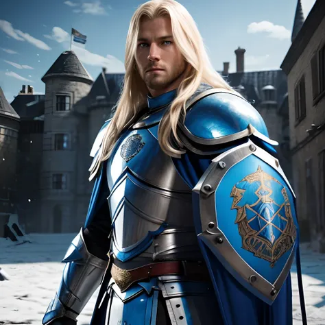 Portrait, Game Character, Male, Perfect Body, Fit, Happy, Long Blonde Hair, Blue Eye, Glowing Eyes, Wearing a Blue Lion Knight Armor, Wearing Blue Lion Cape, Knight Castle Theme, 3D, Realistic, HDR, Realistic, HD, Background, RTX, 2K, Masterpiece.