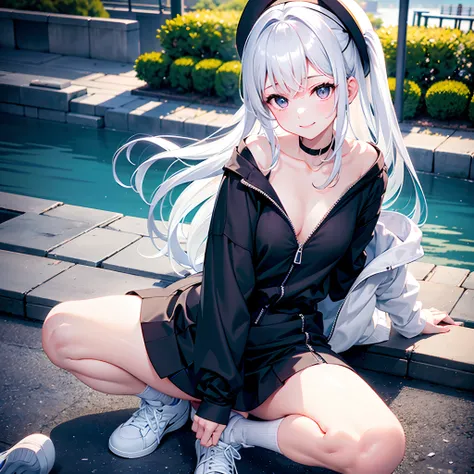 Exposure in a park on the Sumida River in Japan、white t-shirt、a black skirt、beautiful thigh、Beautiful calves、White medium shorthair with blue-purple mesh、Looking at me with a smile、Black sneakers with white shoelaces、Large witch hat with sapphire accessori...