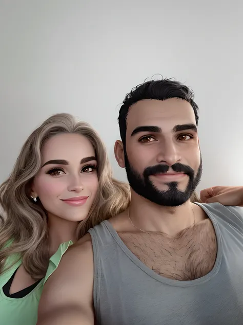 Casal de homem cabelo preto e mulher loira felizes. Alterar para que o estilo da imagem fique semelhante a personagens da pixar.