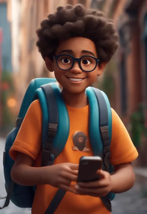 Image of a boy for a story in a YouTube video in Pixar format, extrovertido, sorridente, cabelo raspado preto, olhos castanhos, magro, Wearing round glasses and backpack and cell phone in hand