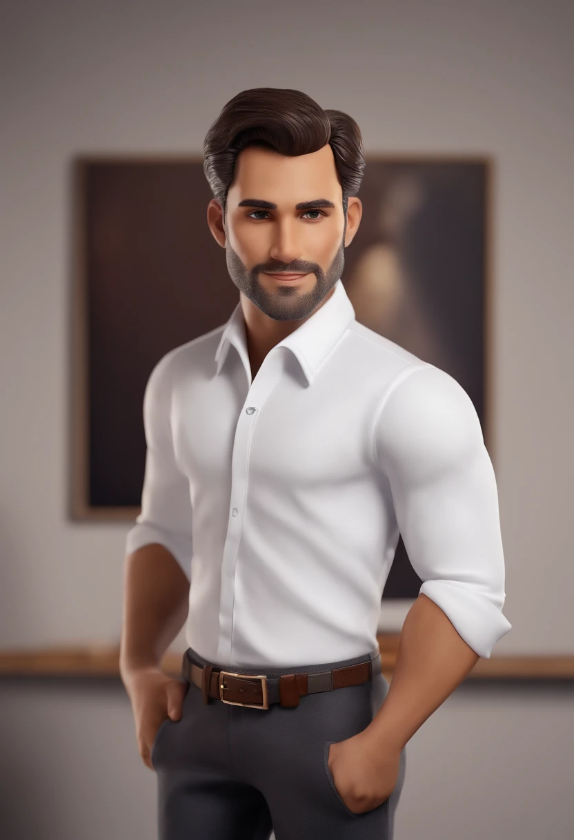 create a pixar-inspired 3D poster, um jovem angolano de vinte anos, pele clara, cabelo muito curto, Wearing a white three-button shirt, posando para um retrato. Ele fica diante de um fundo branco, that emphasizes your attire and appearance. O homem parece ...