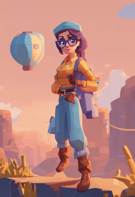 Cartoon character of a lady with blue glasses and a white shirt, Standing on a cliff, animation character, Caractere estilizado, animation style rendering, 3D estilizado, Arnold Maya render, 3 d render stylized, toon render keyshot, Personagem 3D, Personag...