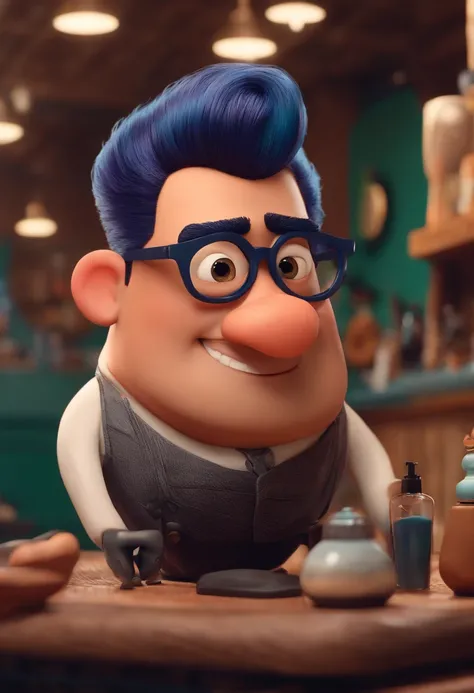 A Dream Barber Inspired by Pixar Animation, de perto. The character takes center stage with captivating facial expressions, oferecendo um toque de irrealidade, Cabelo curto e gordinho gradiente