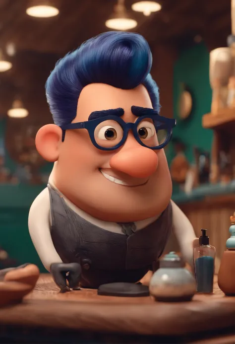 A Dream Barber Inspired by Pixar Animation, de perto. The character takes center stage with captivating facial expressions, oferecendo um toque de irrealidade, Cabelo curto e gordinho gradiente