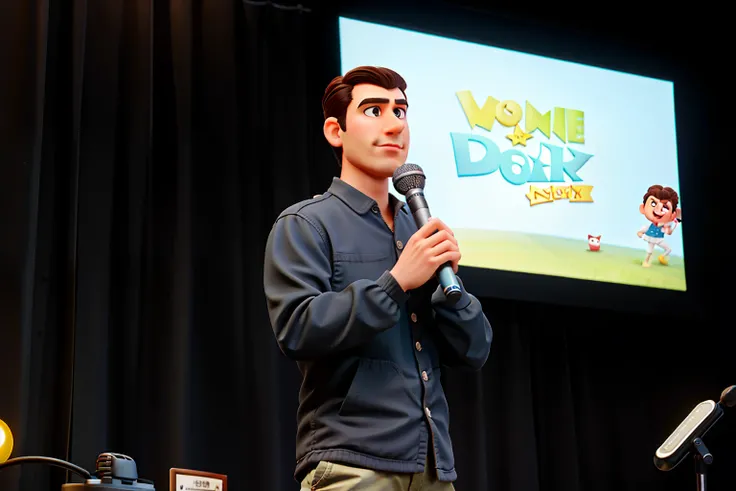 Create a Disney Pixar-style image of a dark brunette man with short hair standing talking into a microphone.