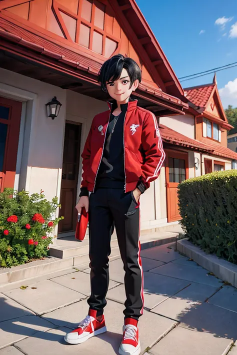 One boy Black hair Blue eyes Fair skin Energetic smile Red jacket Black shirt Red sneakers Standing in front of a silver gate of a two-story house with a red roof and a beautiful front garden with a white table