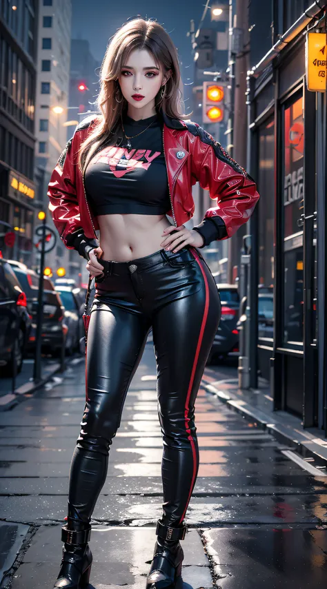 Photorealistic, high resolution, 1womanl, Mature female, Solo, Blue eyes, Hips up, ((Makeup)),Red lips, Jacket, T-shirt, Pants, Boots, Cyberpunk Style, Night City, Neon lights