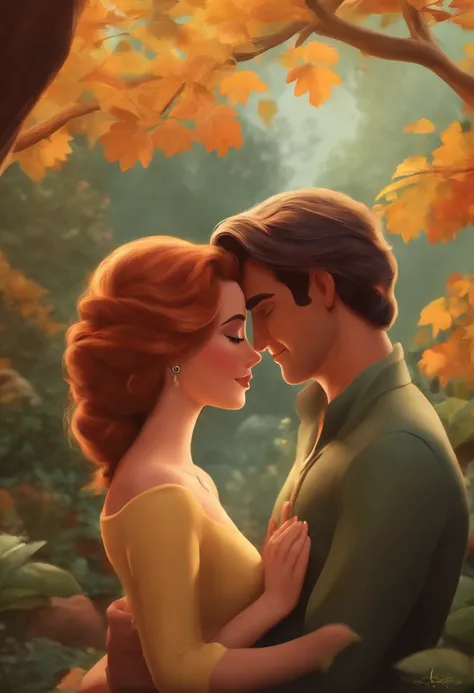 Casal (homem moreno e mulher branca) no estilo Disney Pixar, alta qualidade, melhor qualidade.