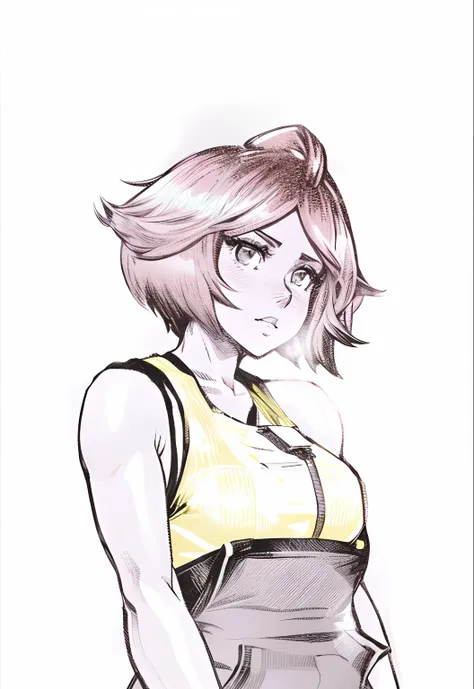 woman with yellow blouse and black womens gym overalls, anime, ears hidden by hair, short hair, ears hidden by hair, medium breasts, sensual body, dark brown, colored hair, different arms, look stubborn, determined girl, thin girl, rendering, looking at vi...