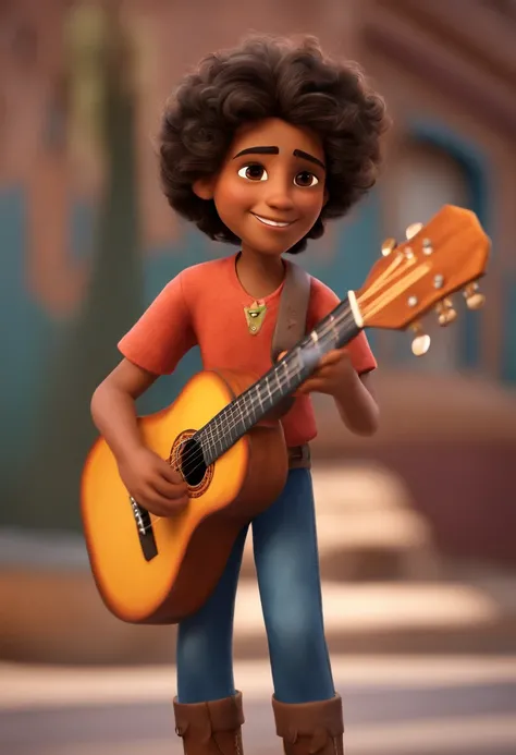 crie um banner no estilo Pixar. A boy with Indian features, moreno pardo com cabelos curtos, Castanhos escuros, Curly and slightly grayish appearance, mas jovem, usando uma camiseta, Wearing jeans and holding a classical guitar with 7 strings.