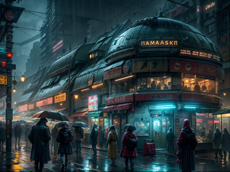 (masterpiece:1.2), (best quality, high detail), (realistic), Futurist era city, architectural streets, bazaars, futuristic train lines, cyberpunk, buildings, night, European city, rainy, neon,heavy rain,people on the side watching rain