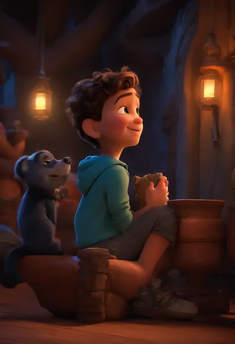 Um filme inspirado na Disney Pixar (menino JOVEM Sorridente, com casaco  PRETO) dentro A cena estar na arte distinta do estilo PIXAR, descolada e estilosa