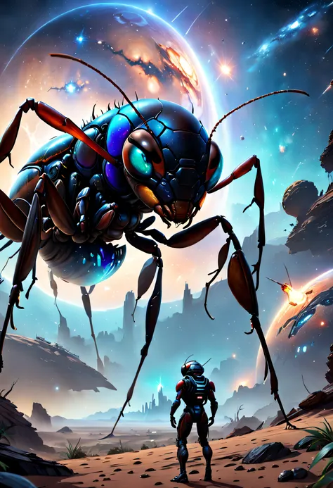 (Best quality, 4K, 8K, A high resolution, Masterpiece:1.2), Ultra-detailed, (Realistic, Photorealistic, photo-realistic:1.37)，A giant ant breaks into the galaxy，Meticulous giant ants，As big as a planet，ultra-realistic realism，Epic dreams，Beautiful sci-fi a...