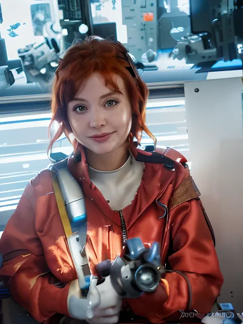 Absurd resolution, high resolution, (Masterpiece: 1.4), hyper-detailing, 1 young woman, Short red hair, pilotsuit, Rich princess, Sitting in the extremely narrow and closed mech control room looking out the window, The window is the blue planet that the un...