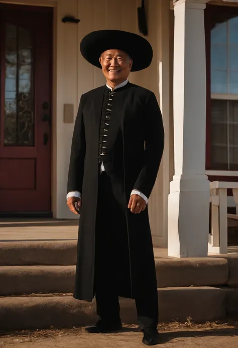 A man in a black pilgrim suit, Stand on the porch, In the Midwest, chineseidol, Upper body, Close up, primitive, [Smiling:0.8], 8K  UHD