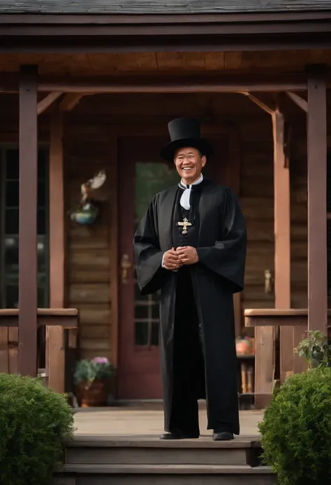 A man in a black pilgrim suit, Stand on the porch, In the Midwest, chineseidol, Upper body, Close up, primitive, [Smiling:0.8], 8K  UHD