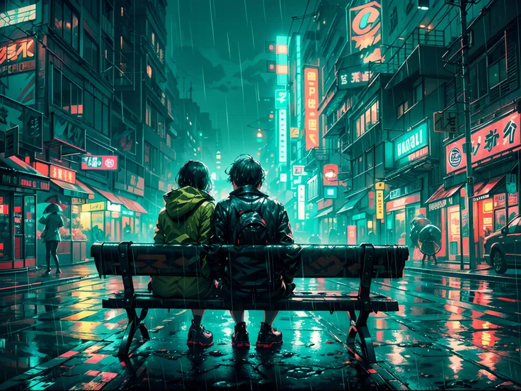 (best quality,highres),cyberpunk Tokyo,view from behind,far and wide shot,couple sitting on the bench,looking at the rainy night,cybernetic cityscape,illuminated by neon lights,hovering drones in the sky,reflective wet surfaces,tall futuristic buildings,po...