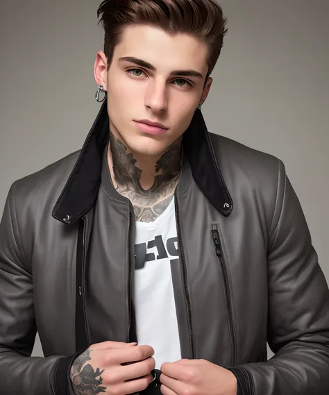 Produce an exquisite, high-resolution DSLR-quality image of an incredibly handsome young man. He should have a striking piercing near his right eye and a stylish lip piercing. In the image, hes wearing a fashionable jacket, and the focus should be on his f...