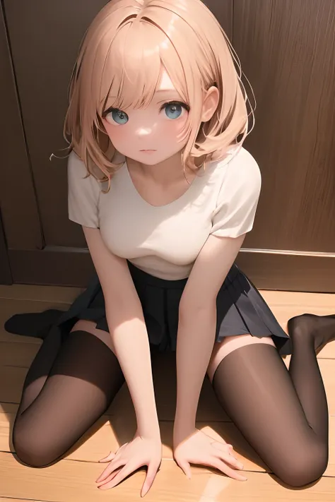 Girl seen from the floor, Skirts or shorts are acceptable, look from down, Stockings or pantyhose, Medium breasts, ((Very detailed)), (Perfectly detailed face), (Very meticulous hands), photorealistic image.