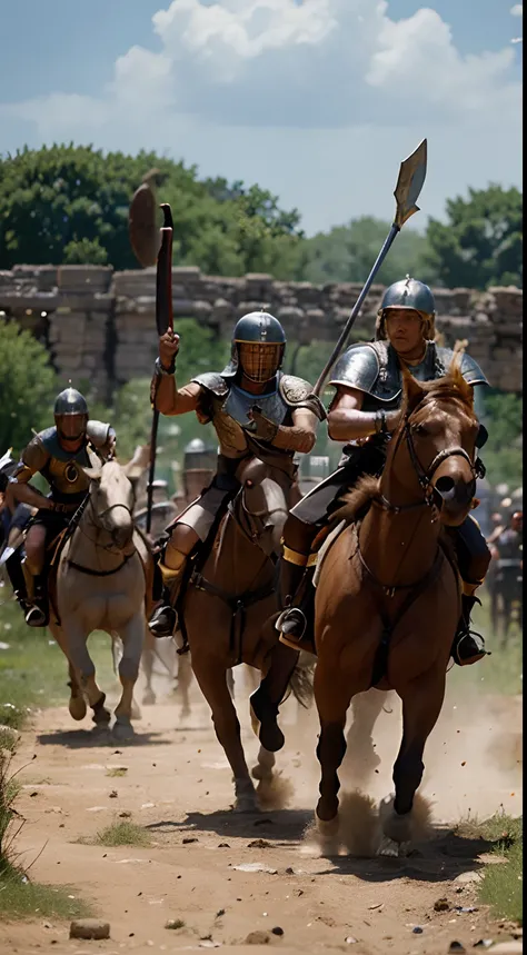 A battle scene between Romans and Germanic warriors, symbolizing the influence of conquest on the taste for blonde hair.