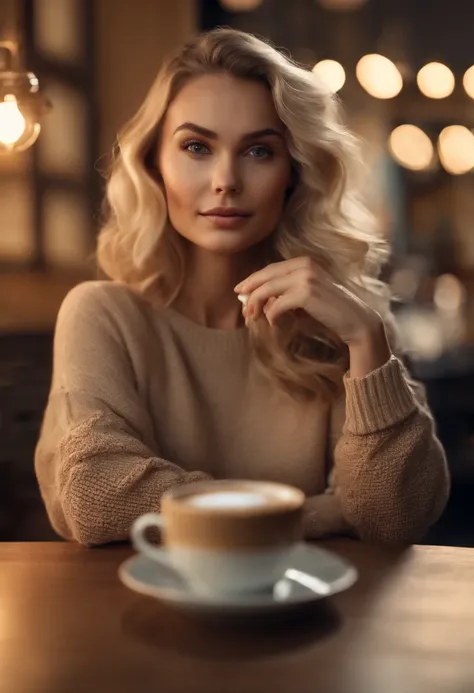 beautiful blonde wearing beige sweater (sipping coffee inside a modern café at sunset), very detailed, 30 years old, innocent face, natural wavy hair, blue eyes, high resolution, masterpiece, best quality, intricate details, highly detailed, sharp focus, d...