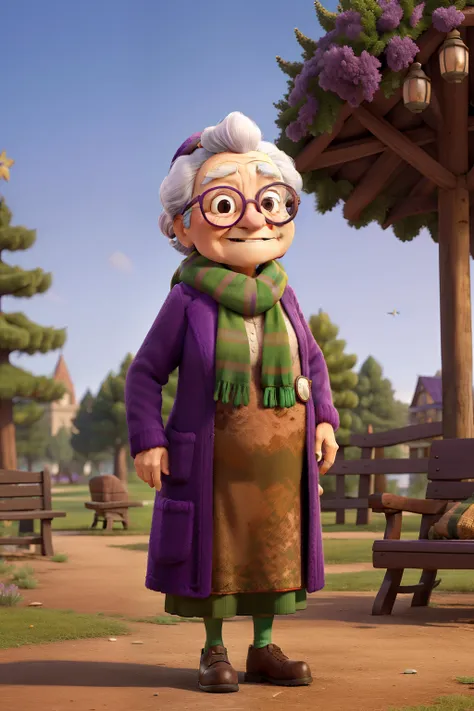 masterpiece, best quality, an old woman with glasses and a scarf on, wearing a purple coat and green scarf, standing at the park