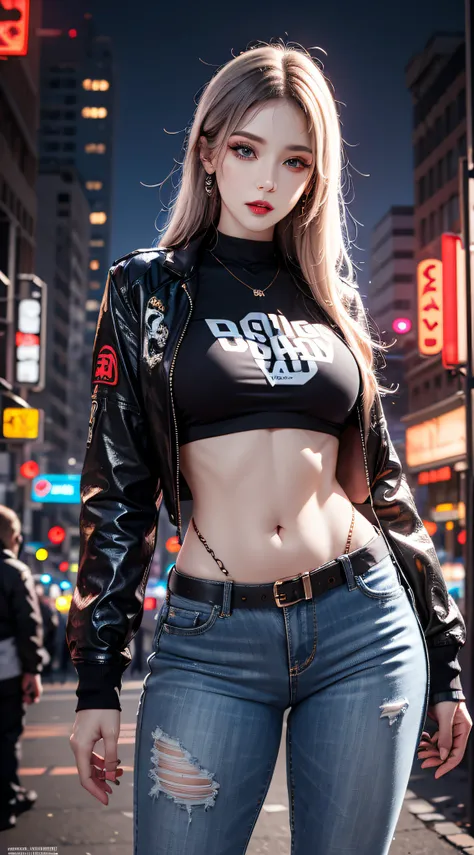 Photorealistic, high resolution, 1womanl, Mature female, Solo, Blue eyes, Hips up, ((Makeup)),Red lips, Jacket, T-shirt, Pants, Boots, Cyberpunk Style, Night City, Neon lights