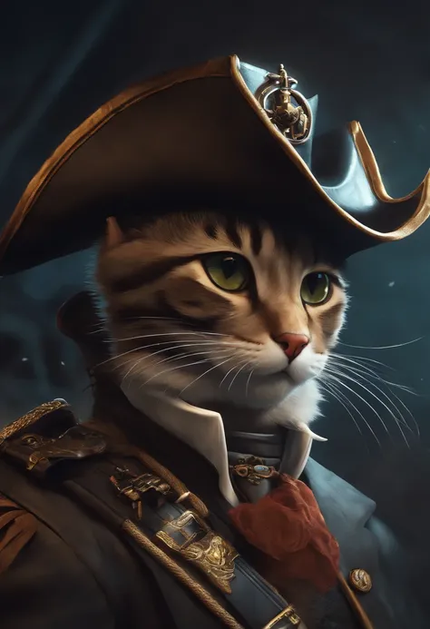 Cyberpunk pirate cat with skull and crossbones, segurando faca, Retrato de um gato na forma de um pirata, arte digital detalhada bonito, gato steampunk, gato antro, gato antro, arte digital 4K altamente detalhada, arte superdetalhada, fanart melhor artstat...