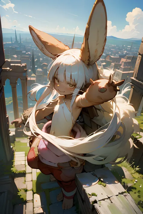 ((nanachi)), ((masterpiece)), wide shot, (professional photography:1.2), ((detail of nanachipants)), summer sky, (beautiful ruin...