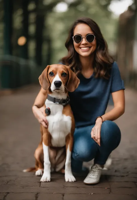 Pixar. Casal com um filhote de cachorro beagle marrom. A menina tem os cabelos loiros amarrados, Camiseta cinza e jeans claro, white glasses. O menino de cabelos pretos com cabelos grisalhos, barba pequena, oculos, Dark blue jeans and gray t-shirt. They ar...