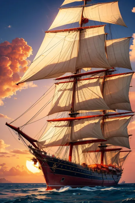 A majestic ship, laden with a cargo of fiery red peppers, sails across the ocean under a blazing sun.