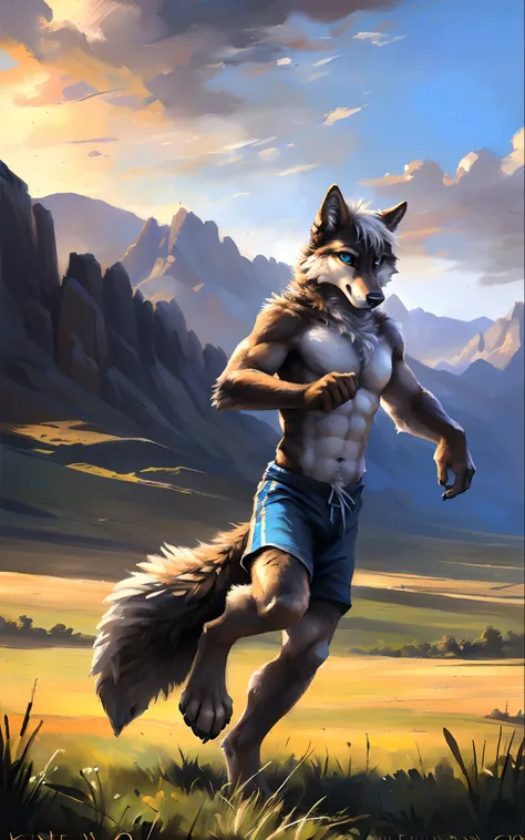 ((Solo)), male people, anthro wolf, (Multi-colored fur, White-brown:1.3，White tail pointed), (Height 2.1m,Tail length 1.2m), ((Wolf face, White hair, Big eyes, White eyelids, Blue pupil, Slim:1.2) (Tough, Calm expression:1.2)), Abs, Slim, pinging)), (Corre...