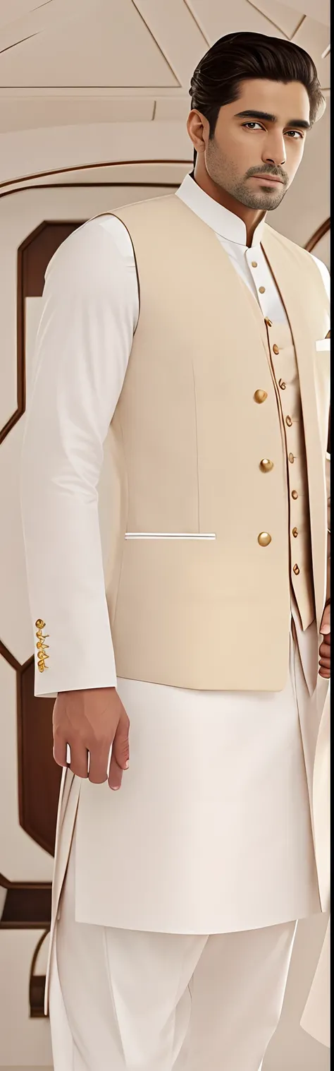 there is a man in a white vest, white waistcoat, wearing waistcoat, waistcoat, vests, wearing a waistcoat, with two front pockets, dressed in a jodhpuri suit, tan vest, white suit vest, vest, wearing a kurta, white sleeves, gold waistcoat, abundent in deta...