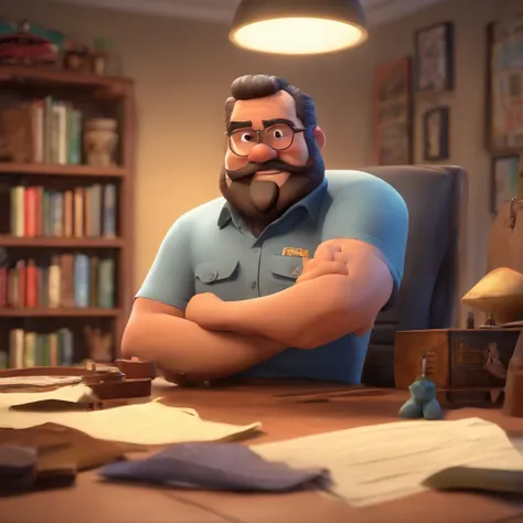 Crie um cartaz inspirado na Disney Pixar com o personagem sendo o advogado Winder Garcia, Um homem de cabelos pretos, pele morena, sem barba e nem bigode, in an office with a Bible on the table