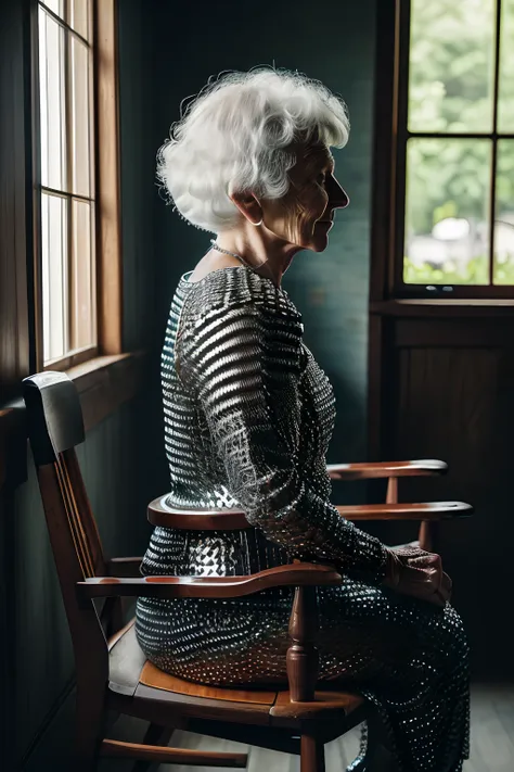 photo of a old woman, 90 years old, wearing a chainmail outfit, sitting in a rocking chair, sad and lonely, looking out a window...