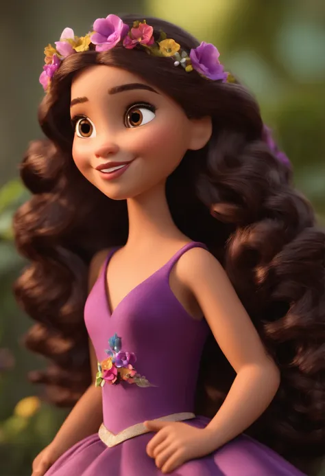 Create a 3-year-old Pixar 3D Disney style girl, cabelos curtos, shoulder-length brown wearing a Lila gown with purple flowers inspired by the Isabela madrigal of the encanto family. A menina tem olhos cor de mel e rosto angelical