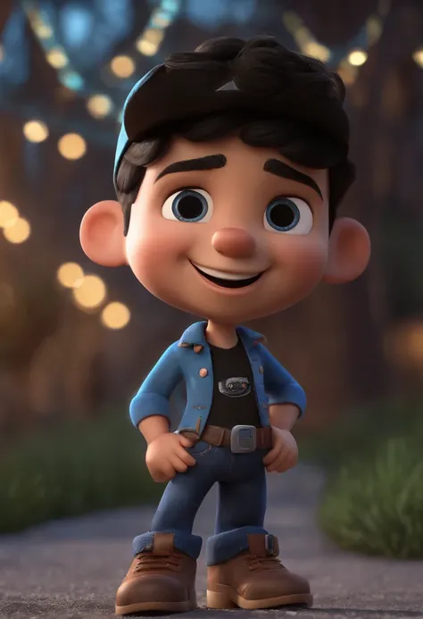 Cartoon character of a smiling child in black shirt and jeans and cap and black boots , dando legal , Blue Eyes Black Hair Animation Character, Caractere estilizado, animation style rendering, 3D estilizado, Arnold Maya render, 3 d render stylized, toon re...