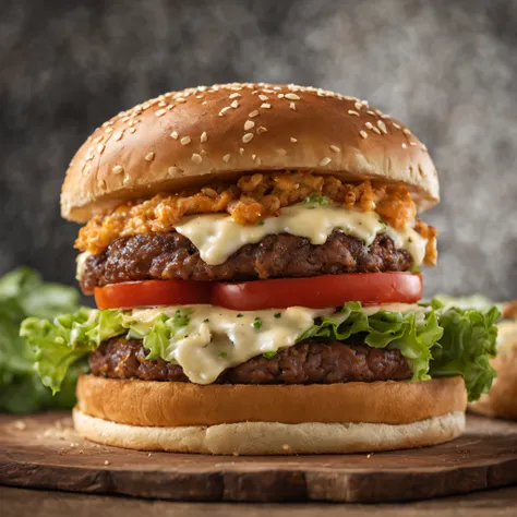 Juicy and delicious large burger, com queijo tomate 2 carnes, lettuce and soft, savory bread, hyper realistic, fotografia canon Eos 1D, Lente Marco 100mm, Cinematic light, Fotografia de Alimentos, detalhes intrincados, UHD,8k