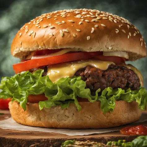 Juicy and delicious large burger, com queijo tomate 2 carnes, lettuce and soft, savory bread, hyper realistic, fotografia canon Eos 1D, Lente Marco 100mm, Cinematic light, Fotografia de Alimentos, detalhes intrincados, UHD,8k