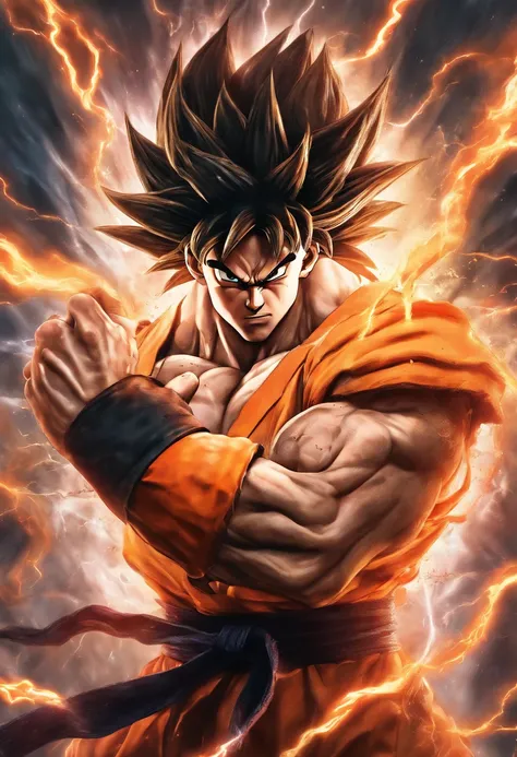 Realistic 3D rendering of Goku Super Saiyan fused Aquaman, surrounded by lightning, grande musculatura, fotografia de corpo inteiro, hiper-realista