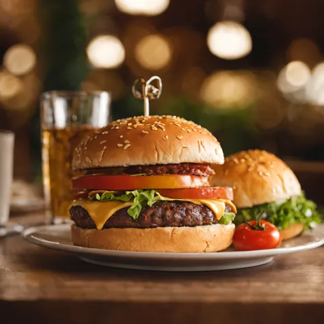 juicy and delicious large burger, com queijo tomate 2 carnes, lettuce and tasty soft bread, hyper realistic, canon fotografia eo...