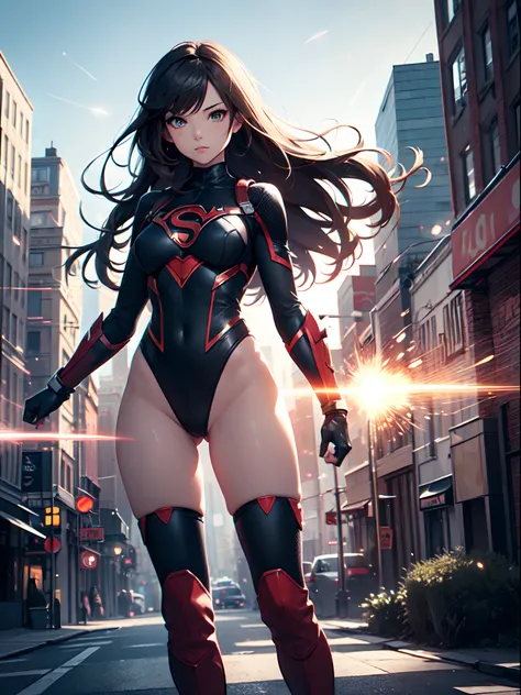 masterpiece, best quality, 1girl, superhero, leotard, bare legs, knee boots, matching boots, heroic, city backdrop, standing, body infused with energy, light particles, solo, single, cowboy shot, perfect anatomy, using her powers, long hair