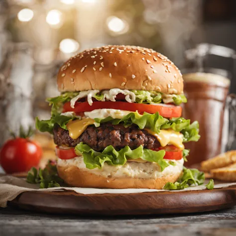 juicy and delicious large burger, com queijo tomate 2 carnes, lettuce and tasty soft bread, hyper realistic, canon fotografia eo...