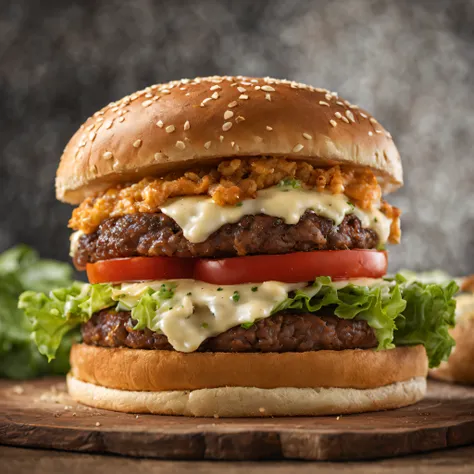 juicy and delicious large burger, com queijo tomate 2 carnes, lettuce and soft, savory bread, hyper realistic, fotografia canon ...