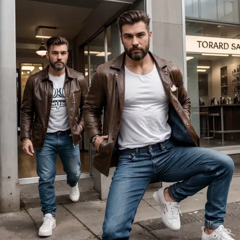 Generate a striking image of a ruggedly masculine man with a long, well-kept beard and a distinct piercing on his right eyebrow. He should be dressed in a stylish jacket, jeans, and white shoes. The image should capture his full body in high-quality DSLR p...