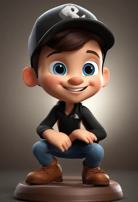 Cartoon character of a smiling child in black shirt and jeans and cap , Case name written on the cap, nome case escrito no bone branco e bota preta , dando legal , Blue Eyes Black Hair Animation Character, Caractere estilizado, animation style rendering, 3...