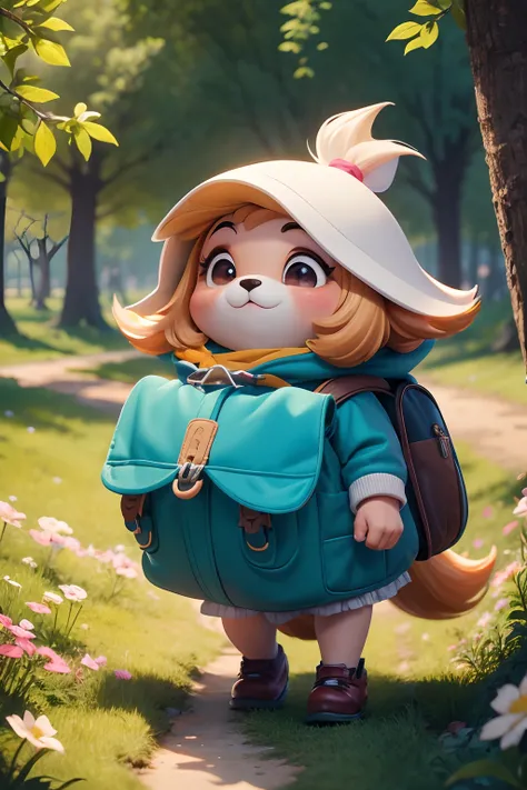 Uma garotinha muito charmosa com uma mochila e seu cachorrinho fofo ao seu lado caminhando curtindo um lindo passeio de primavera cercada por lindas flores amarelas e natureza. The illustration is a high definition illustration in 4K resolution, apresentan...