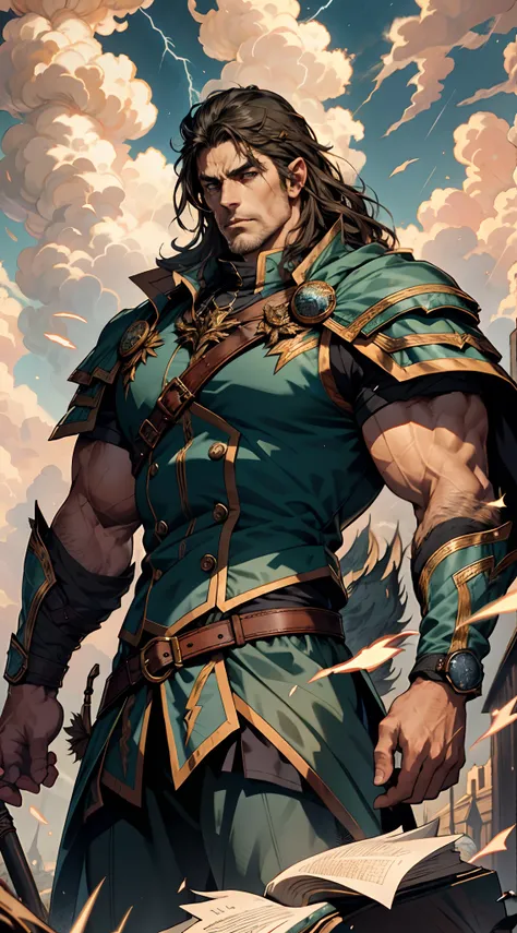 A middle-aged man, dark green long hair, wildly disheveled and exaggerated hairstyle, a headband, no eyebrows, a stern gaze, a well-defined facial structure, a tall and muscular physique, a fantasy-realistic style outfit, only a half-length windbreaker coa...